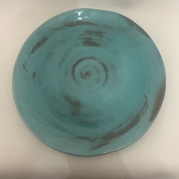 Italy Turquoise Swirl Plate Handmade Painted Distressed Exquisite 8 1/2 In Round - Picture 1 of 5